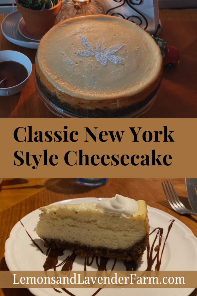 Classic New York Style Cheesecake slice with chocolate drizzle