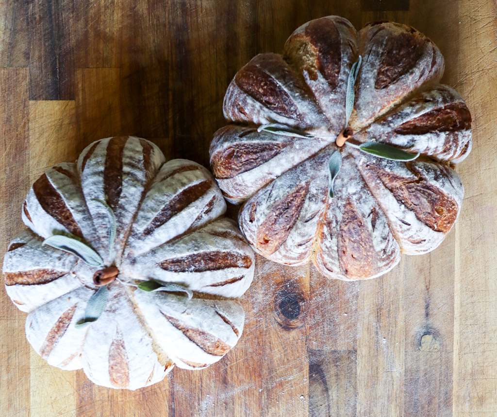 Two pumpkin-shaped sourdough loaves with cinnamon-stick stems and sage leaves on a wooden cutting board