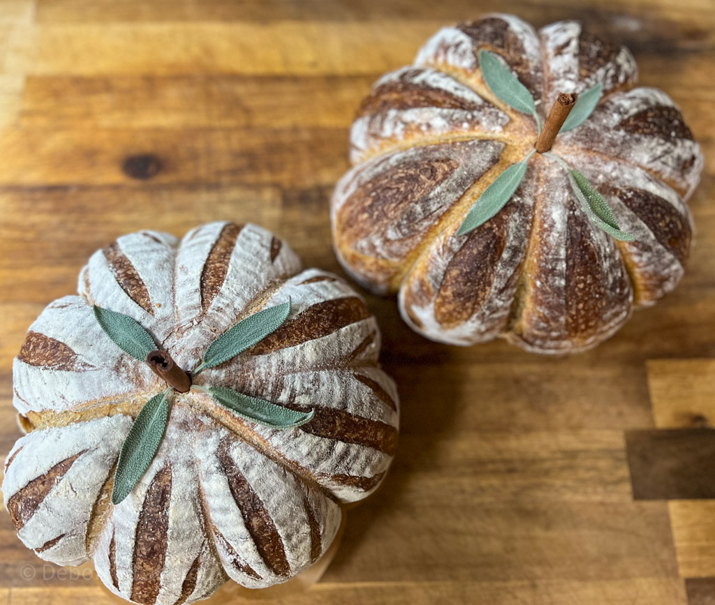 Two Loaves of Fall Spiced Sourdough Pumpkin bread shaped like pumpkins with a cinnamon stick for a stem and sage leaves for pumpkin leaves