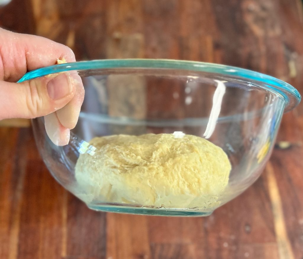 Side view of dough showing its consistency before fermentation.