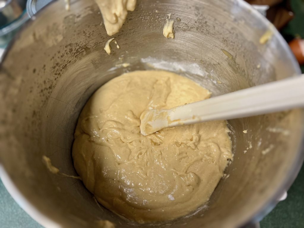 Cranberry orange sourdough bread dough being mixed in a stand mixer