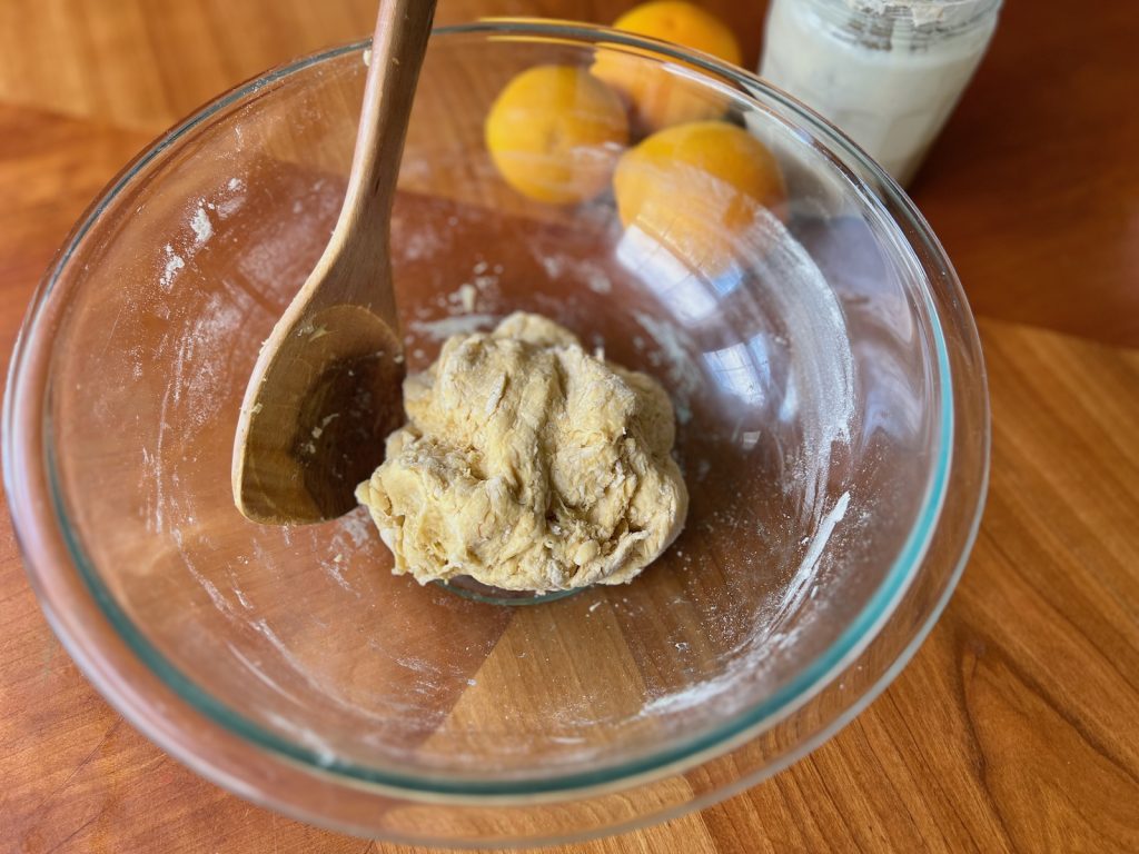 Stiff cranberry orange sourdough ferment in a glass bowl before overnight fermentation.