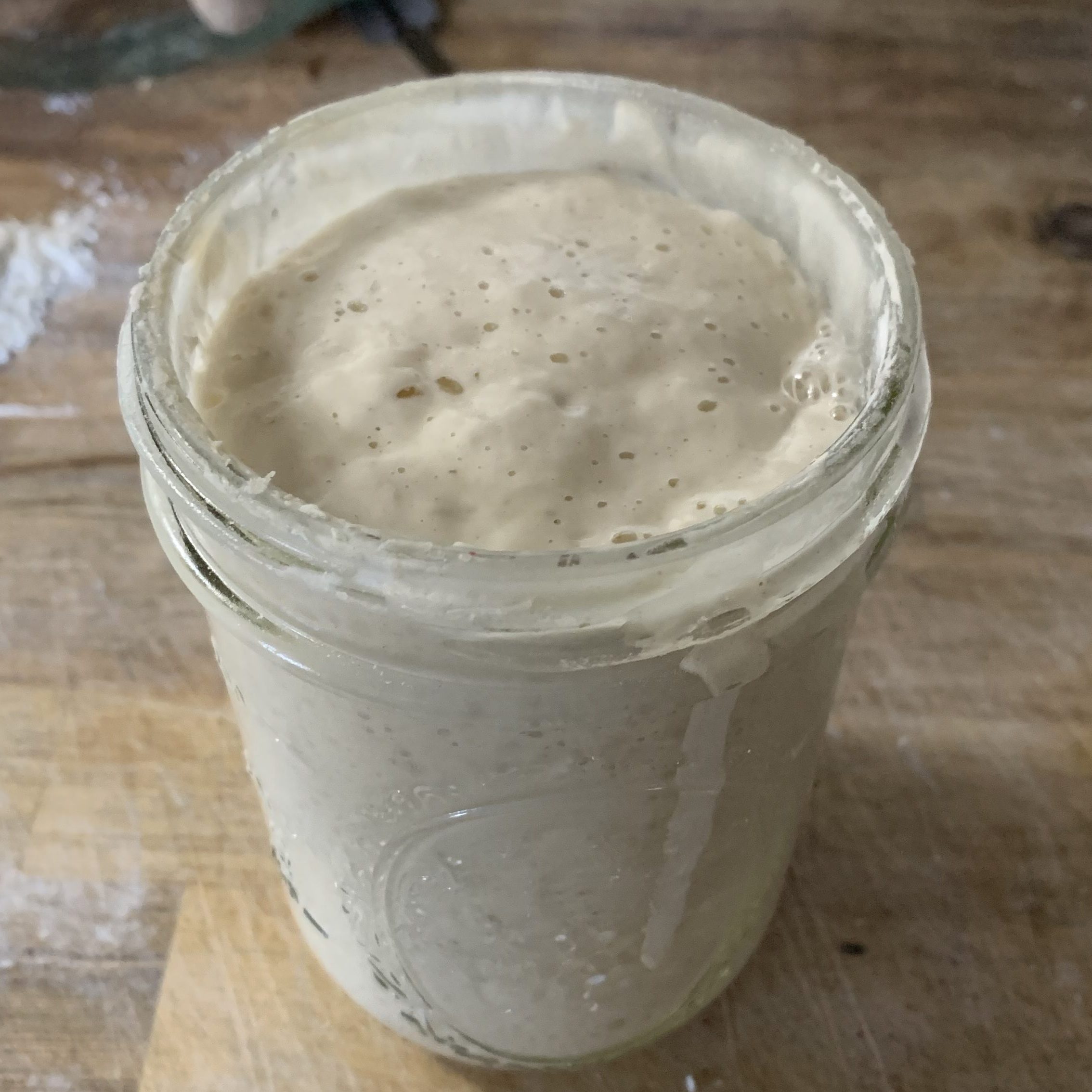 Active sourdough starter in a glass jar