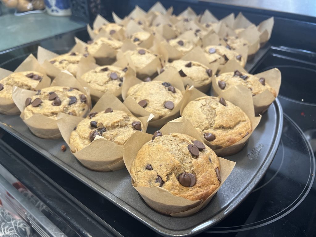 Two trays of fresh-milled banana chocolate chip muffins cooling on the stovetop