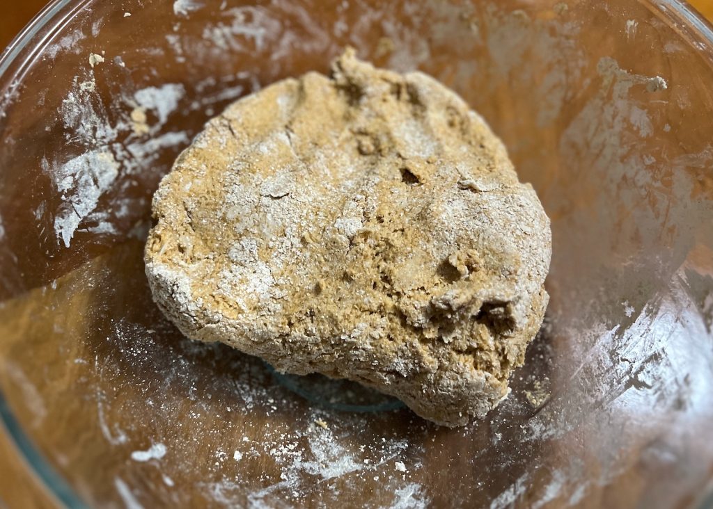 Shaggy fresh-milled pumpkin scone dough after the wet and dry ingredients are combined.