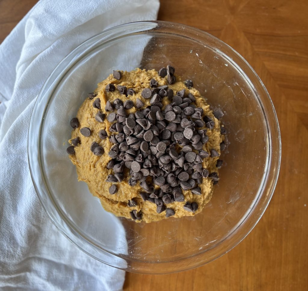Chocolate Chips added to fresh-milled pumpkin muffin batter before folding