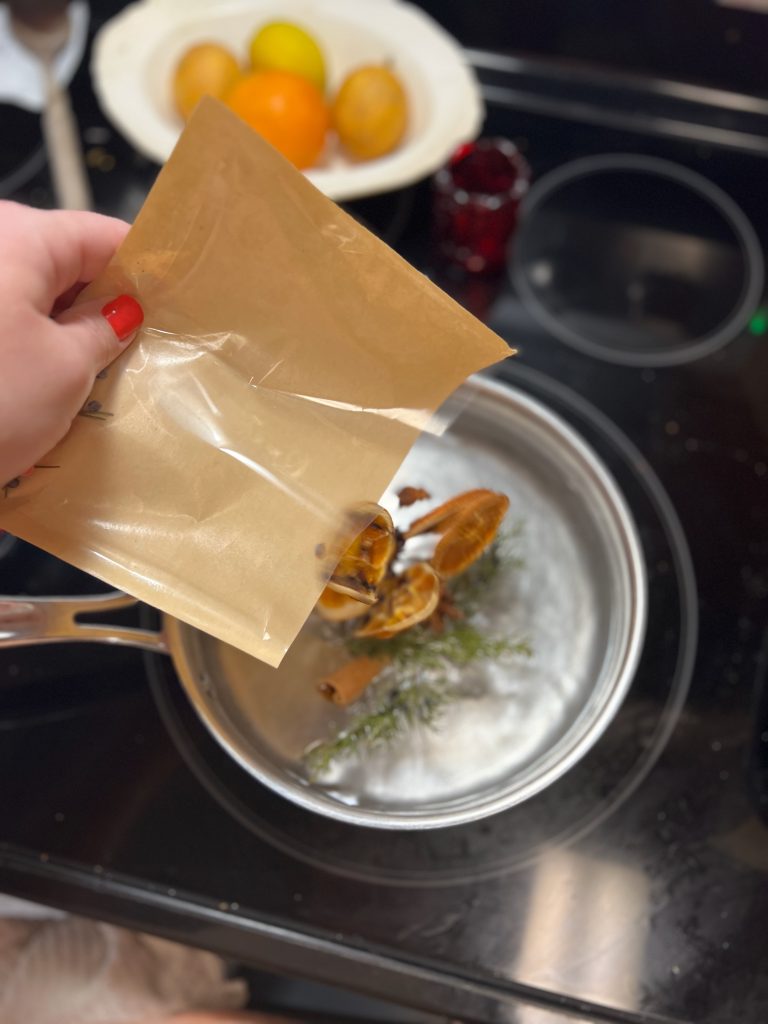 Pouring gift pouch into a saucepan