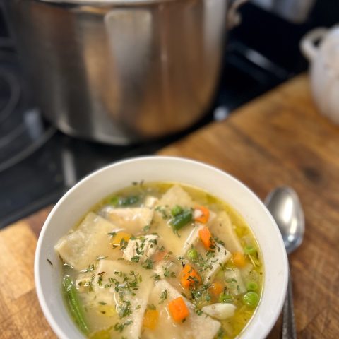 Sourdough discard chicken and dumplings with homemade rolled dumplings, chicken, and mixed vegetables.