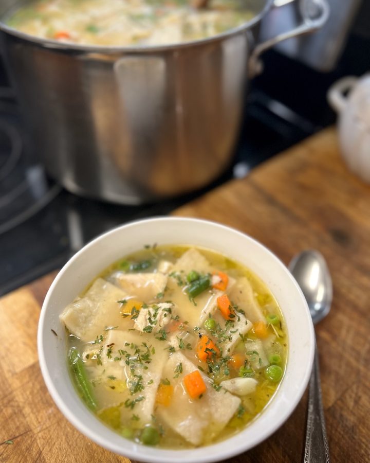 Sourdough discard chicken and dumplings with homemade rolled dumplings, chicken, and mixed vegetables.