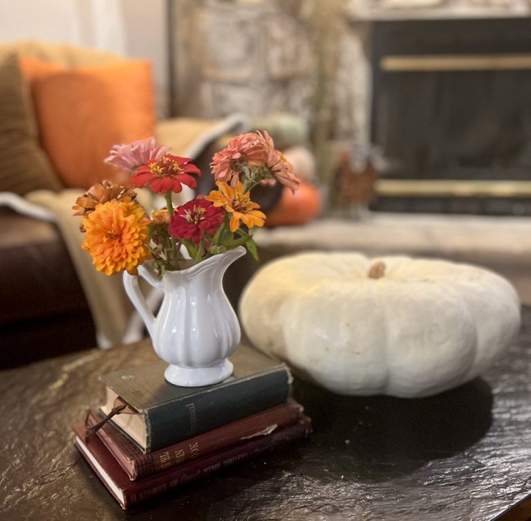 Cozy fall living room with old books, a white pumpkin, and seasonal flowers