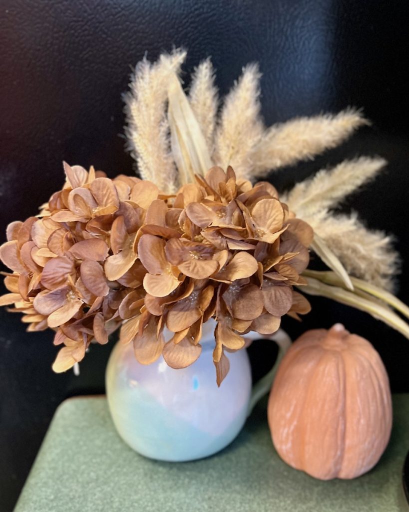 Champagne dried hydrangeas in a white vase beside a small clay pumpkin on a kitchen counter.